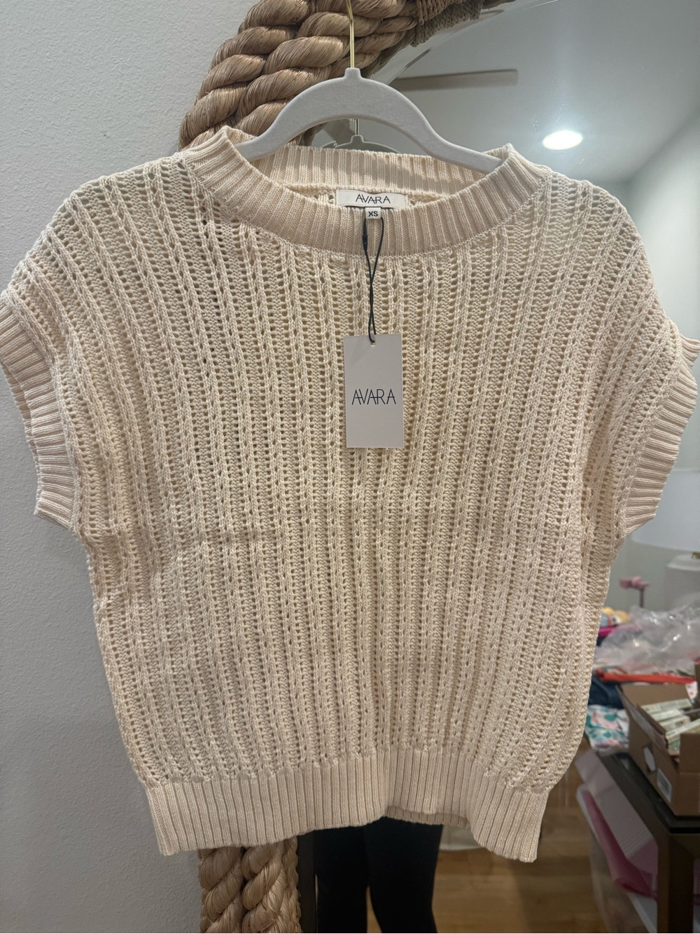 AVARA Cream Short-Sleeve Open-Knit Sweater